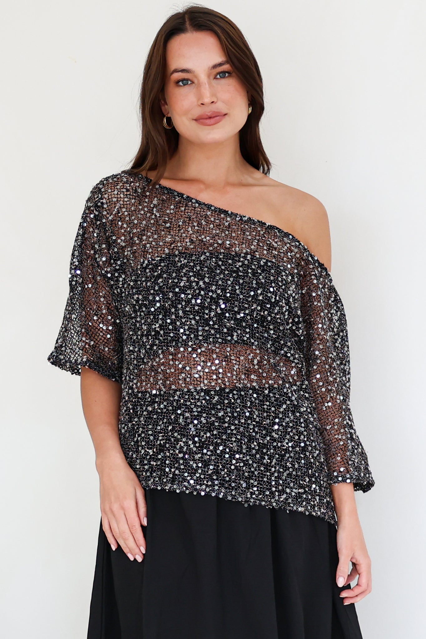 Janina Top - Off Shoulder Asymmetric Relaxed Sequin Mesh Top in Black