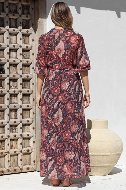 Jenni Maxi Dress - Frill Collar 3/4 Sleeve Dress with Waist Tie in Narah Print