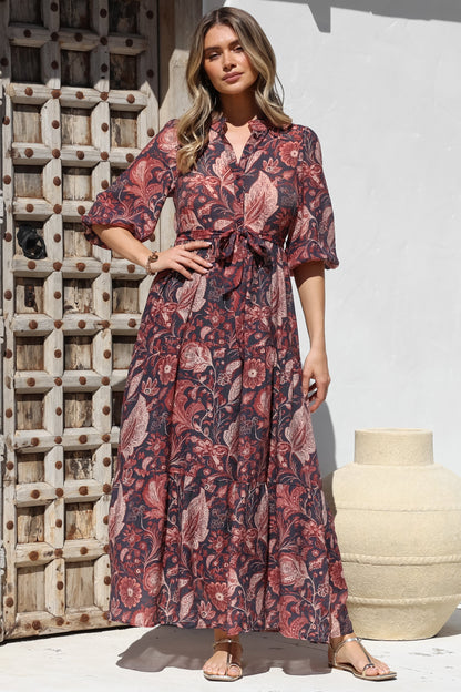 Jenni Maxi Dress - Frill Collar 3/4 Sleeve Dress with Waist Tie in Narah Print