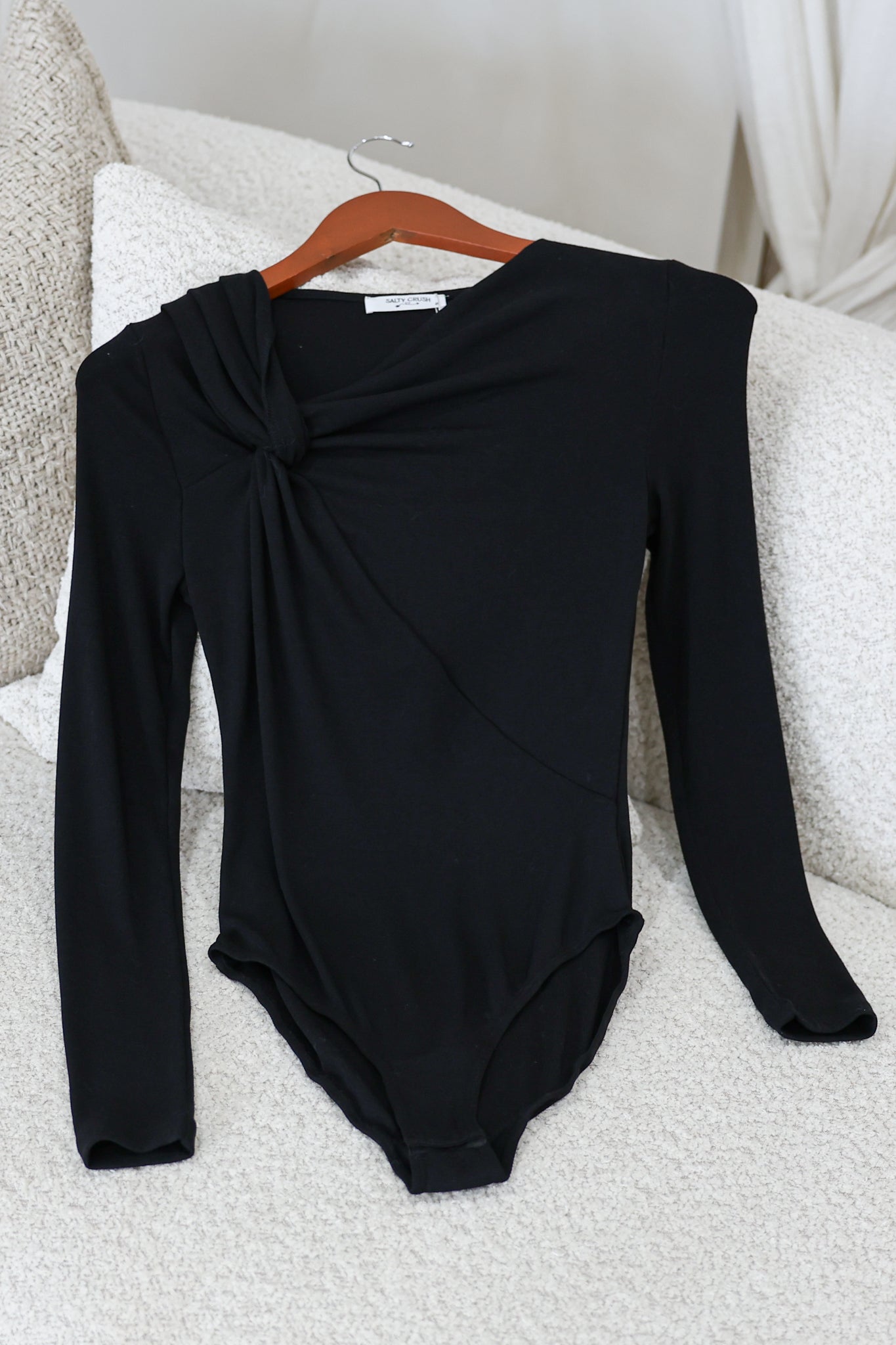 Jessica Bodysuit - Asymmetric Tie Knot Neckline and Push Button Closure in Black
