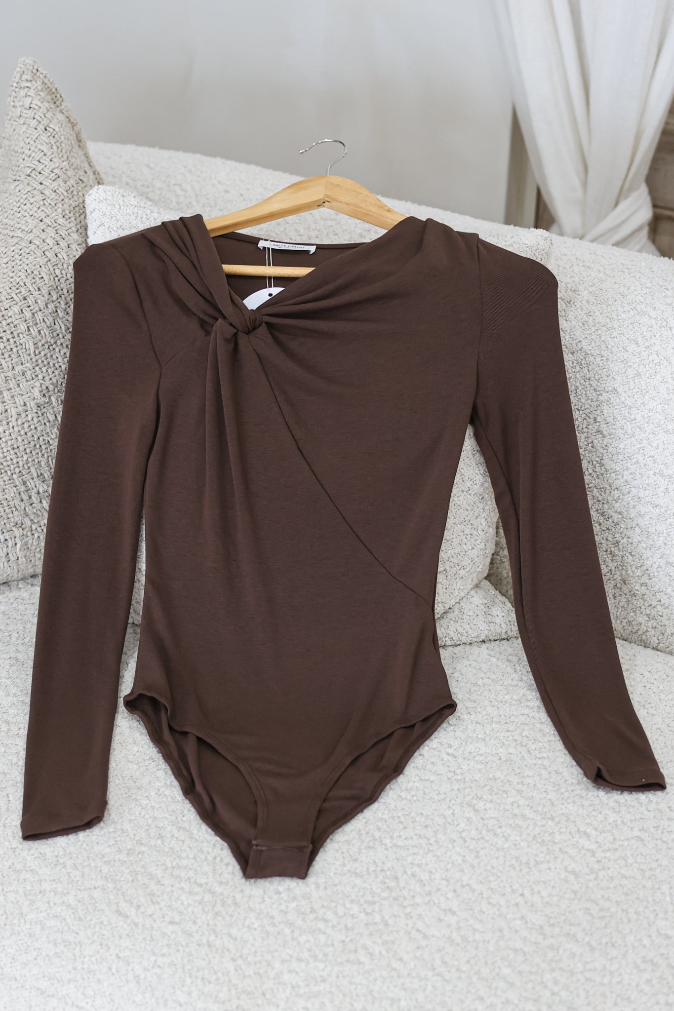 Jessica Bodysuit - Asymmetric Tie Knot Neckline and Push Button Closure in Chocolate