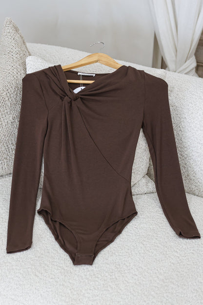 Jessica Bodysuit - Asymmetric Tie Knot Neckline and Push Button Closure in Chocolate