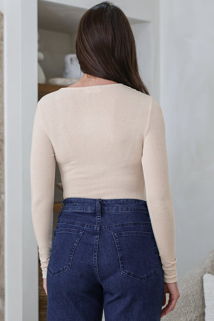 Jessica Bodysuit - Asymmetric Tie Knot Neckline and Push Button Closure in Cream