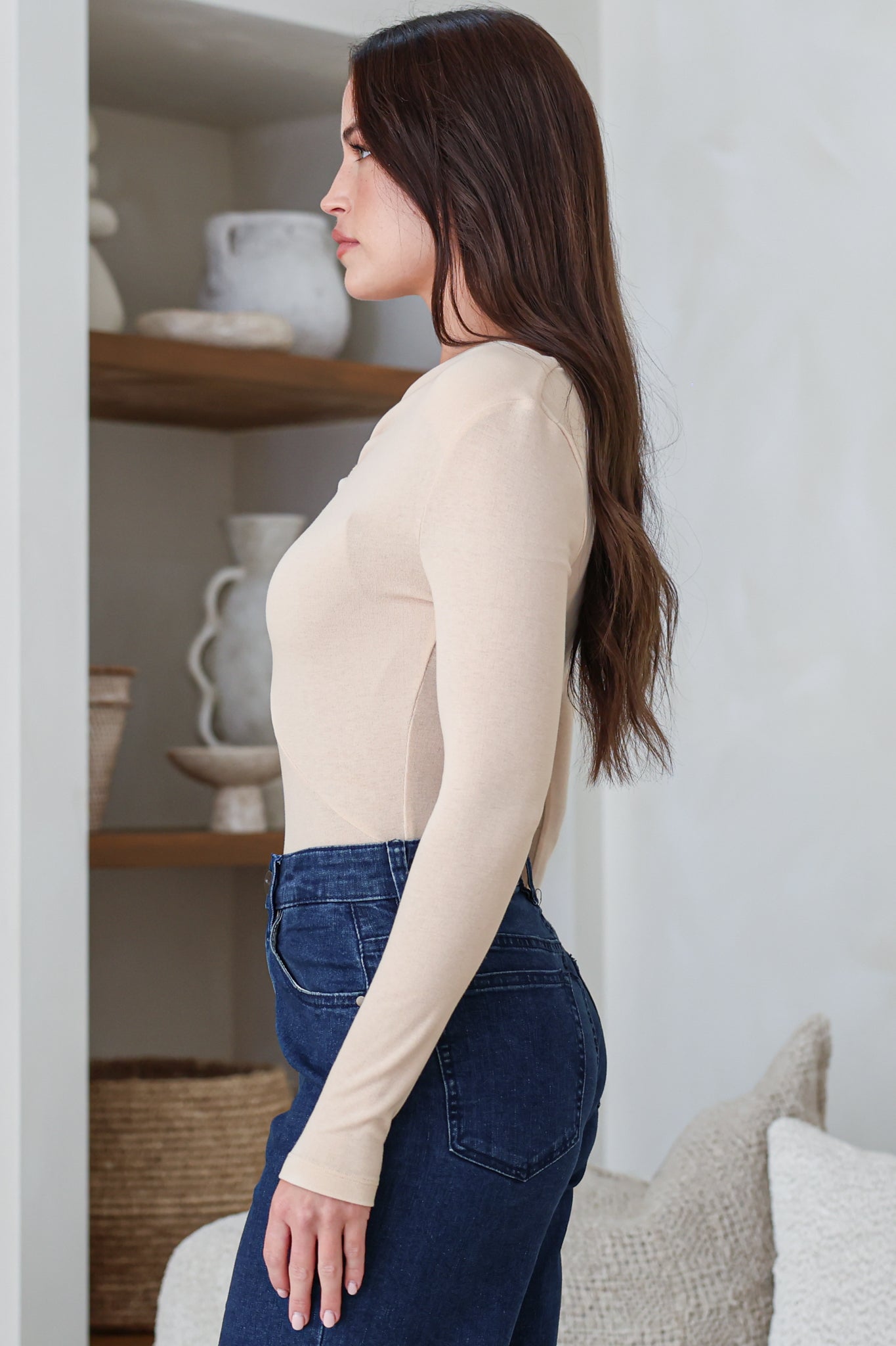 Jessica Bodysuit - Asymmetric Tie Knot Neckline and Push Button Closure in Cream