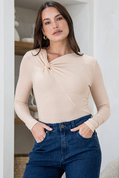 Jessica Bodysuit - Asymmetric Tie Knot Neckline and Push Button Closure in Cream