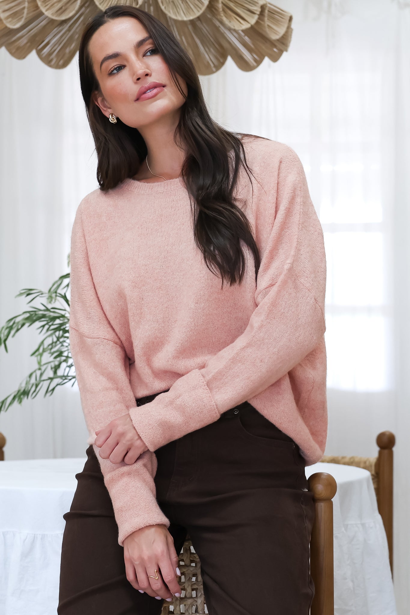 Joanne Knit Top - Crew Neckline Bat Wing Long Sleeve Top in Rose Pink