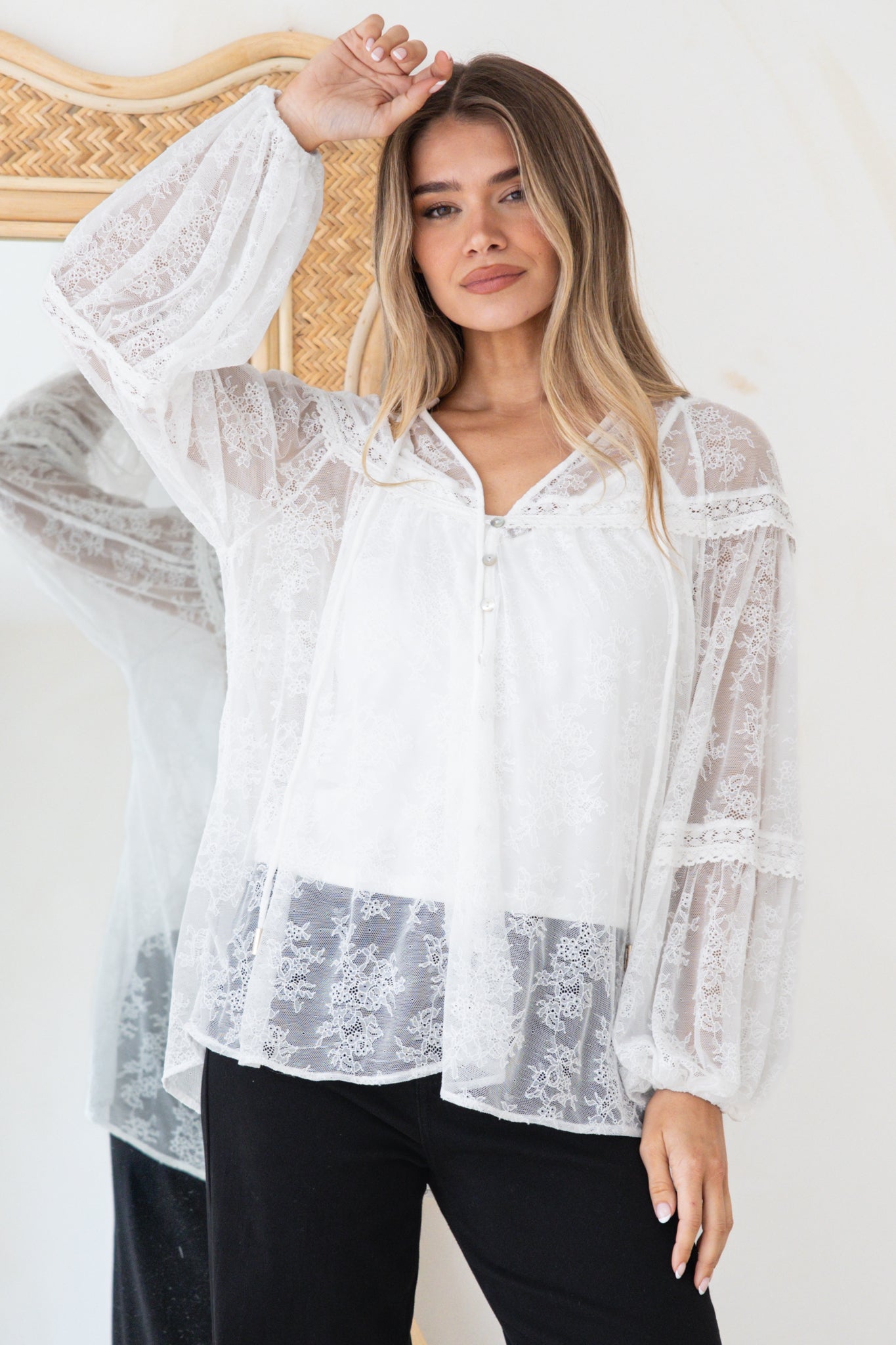 Jocelyn Blouse - Lace Button Down with Cami and Balloon Sleeves in Cream