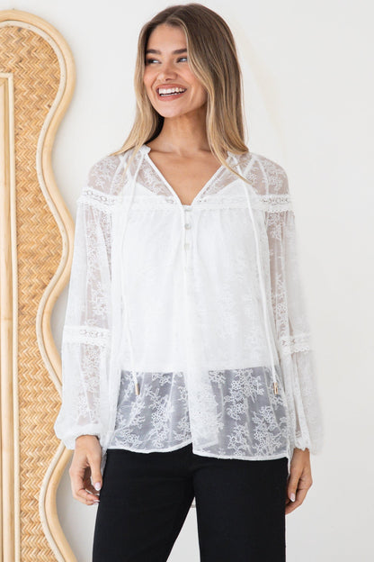 Jocelyn Blouse - Lace Button Down with Cami and Balloon Sleeves in Cream