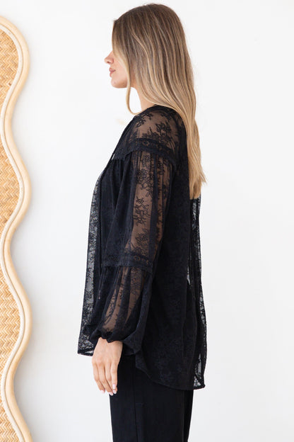 Jocelyn Blouse - Lace Button Down with Cami and Balloon Sleeves in Black