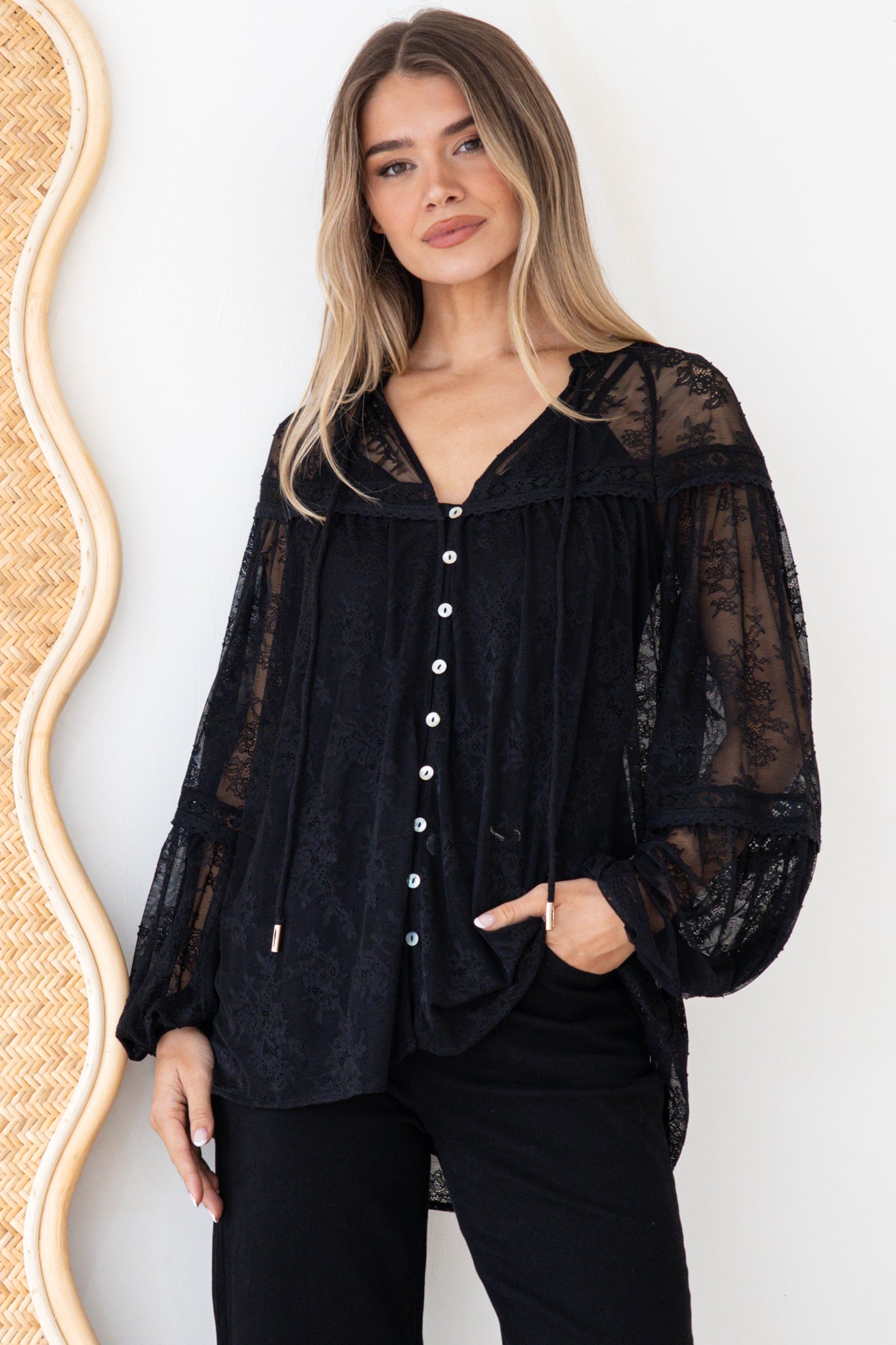 Jocelyn Blouse - Lace Button Down with Cami and Balloon Sleeves in Black