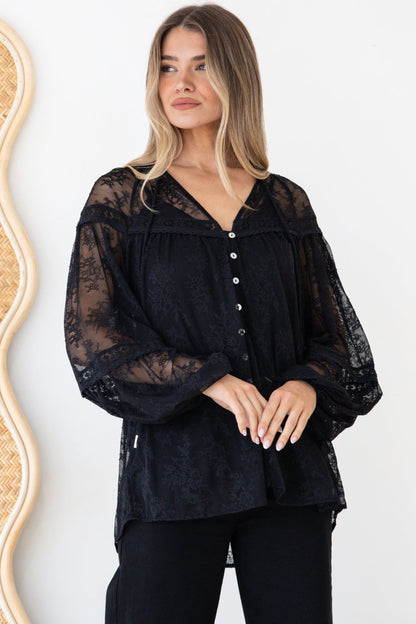 Jocelyn Blouse - Lace Button Down with Cami and Balloon Sleeves in Black