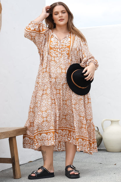 Kamali Midi Dress - Batwing Sleeve Smock Dress with Lace Detailing in Harley Print Rust