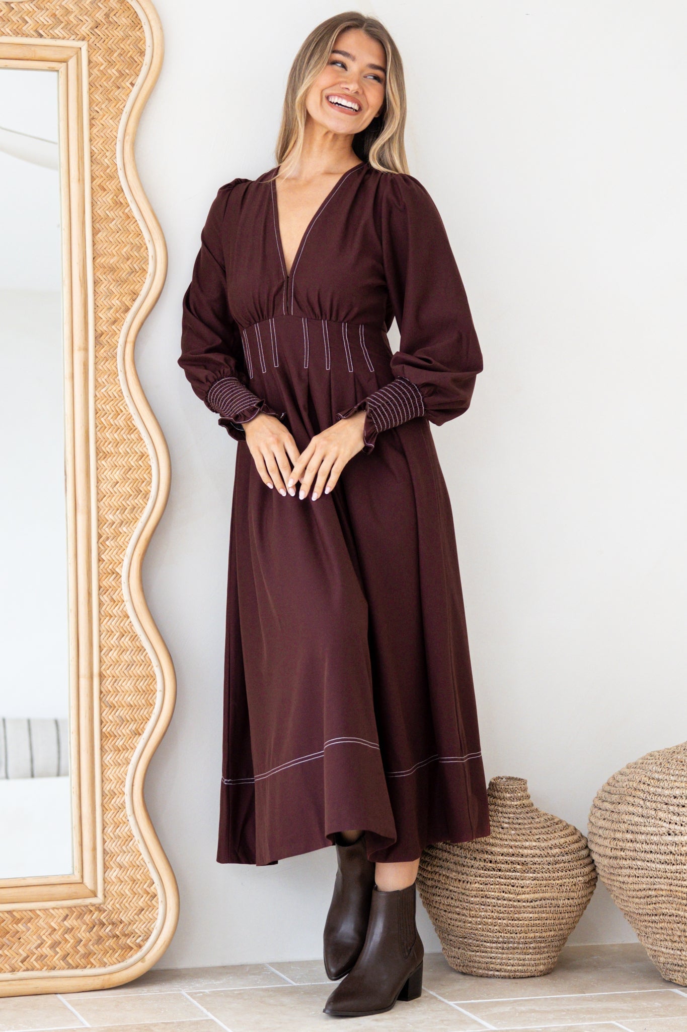 Karey Midi Dress - Fit and Flare Contrast Stitching Dress in Wine