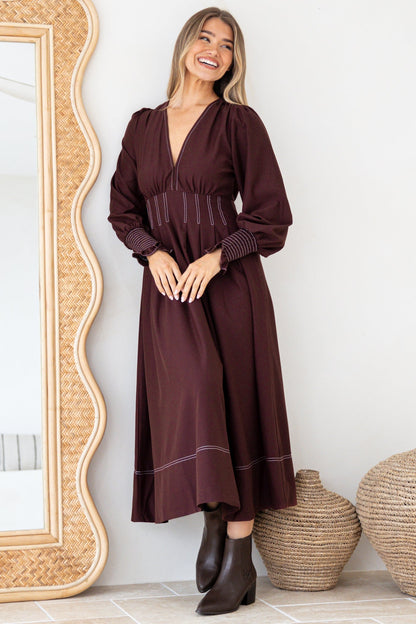 Karey Midi Dress - Fit and Flare Contrast Stitching Dress in Wine