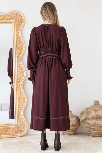 Karey Midi Dress - Fit and Flare Contrast Stitching Dress in Wine