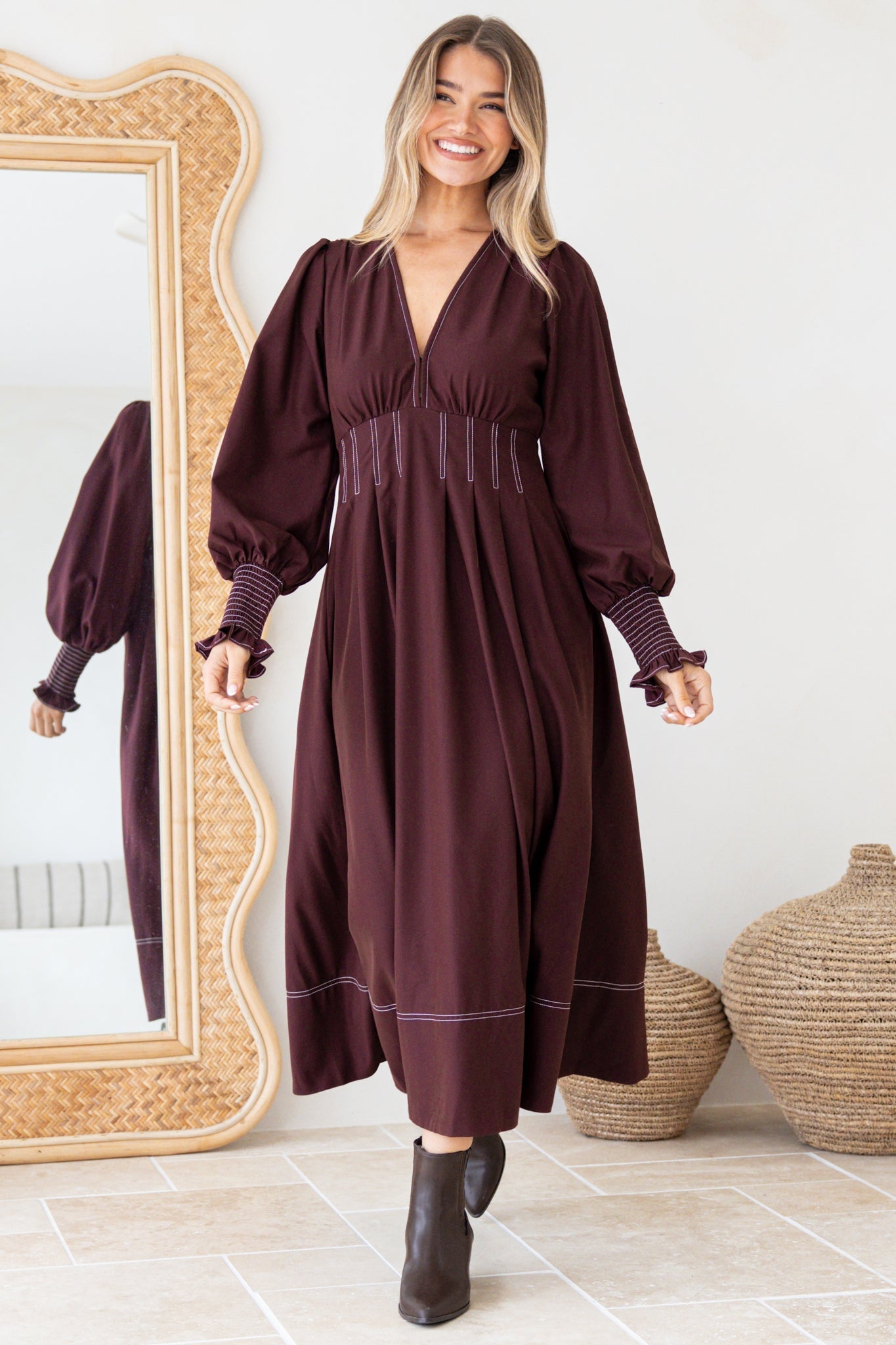 Karey Midi Dress - Fit and Flare Contrast Stitching Dress in Wine