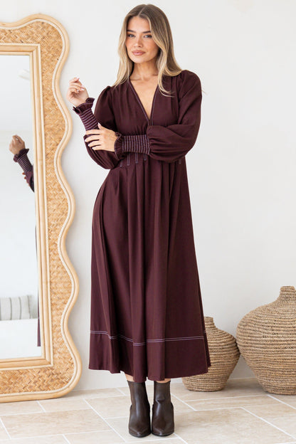 Karey Midi Dress - Fit and Flare Contrast Stitching Dress in Wine