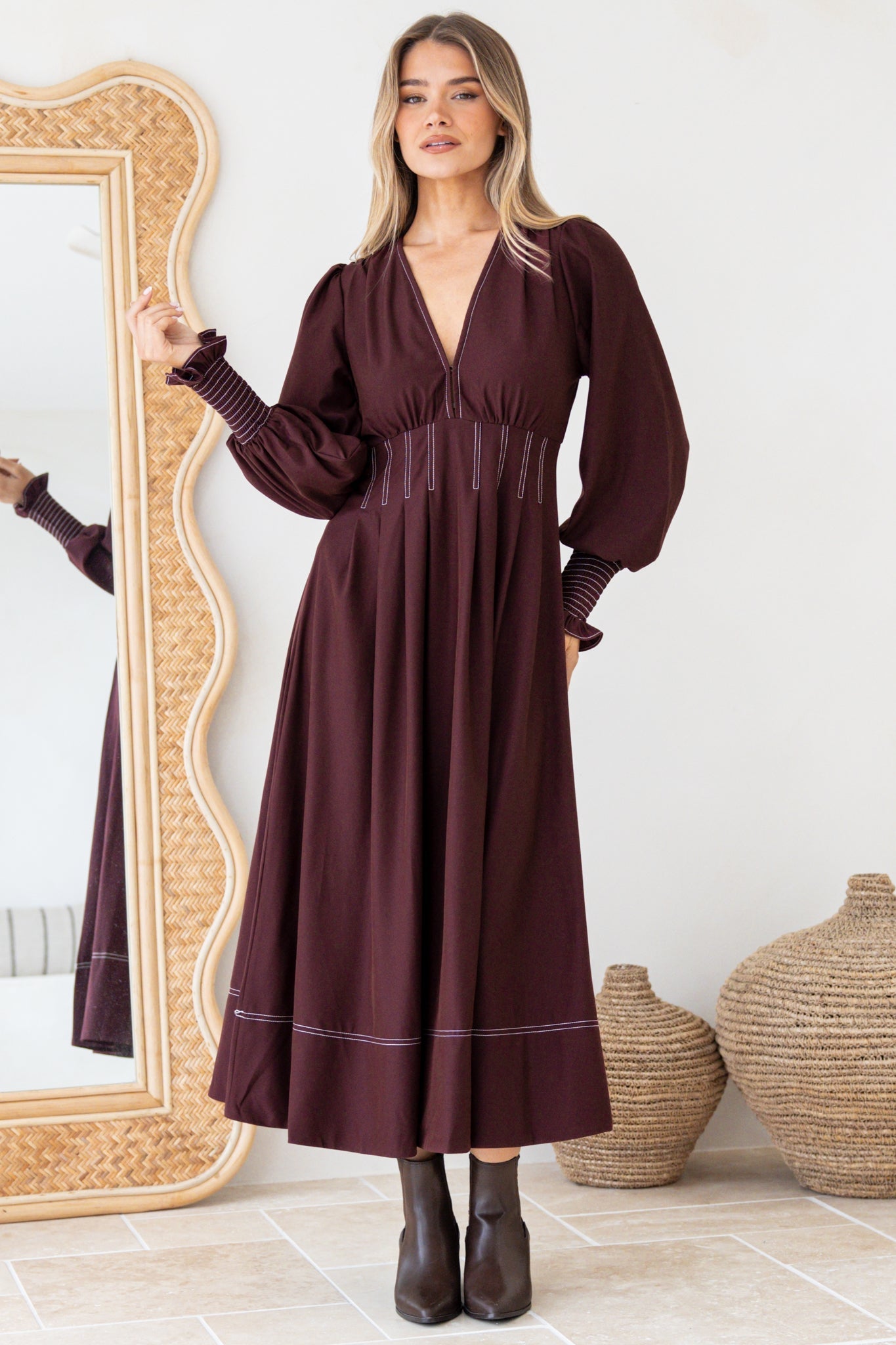 Karey Midi Dress - Fit and Flare Contrast Stitching Dress in Wine