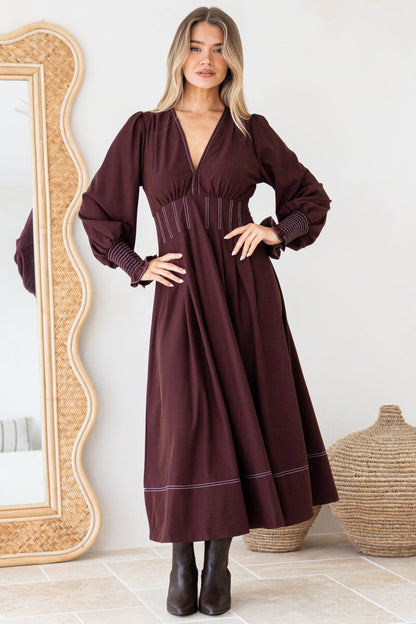 Karey Midi Dress - Fit and Flare Contrast Stitching Dress in Wine