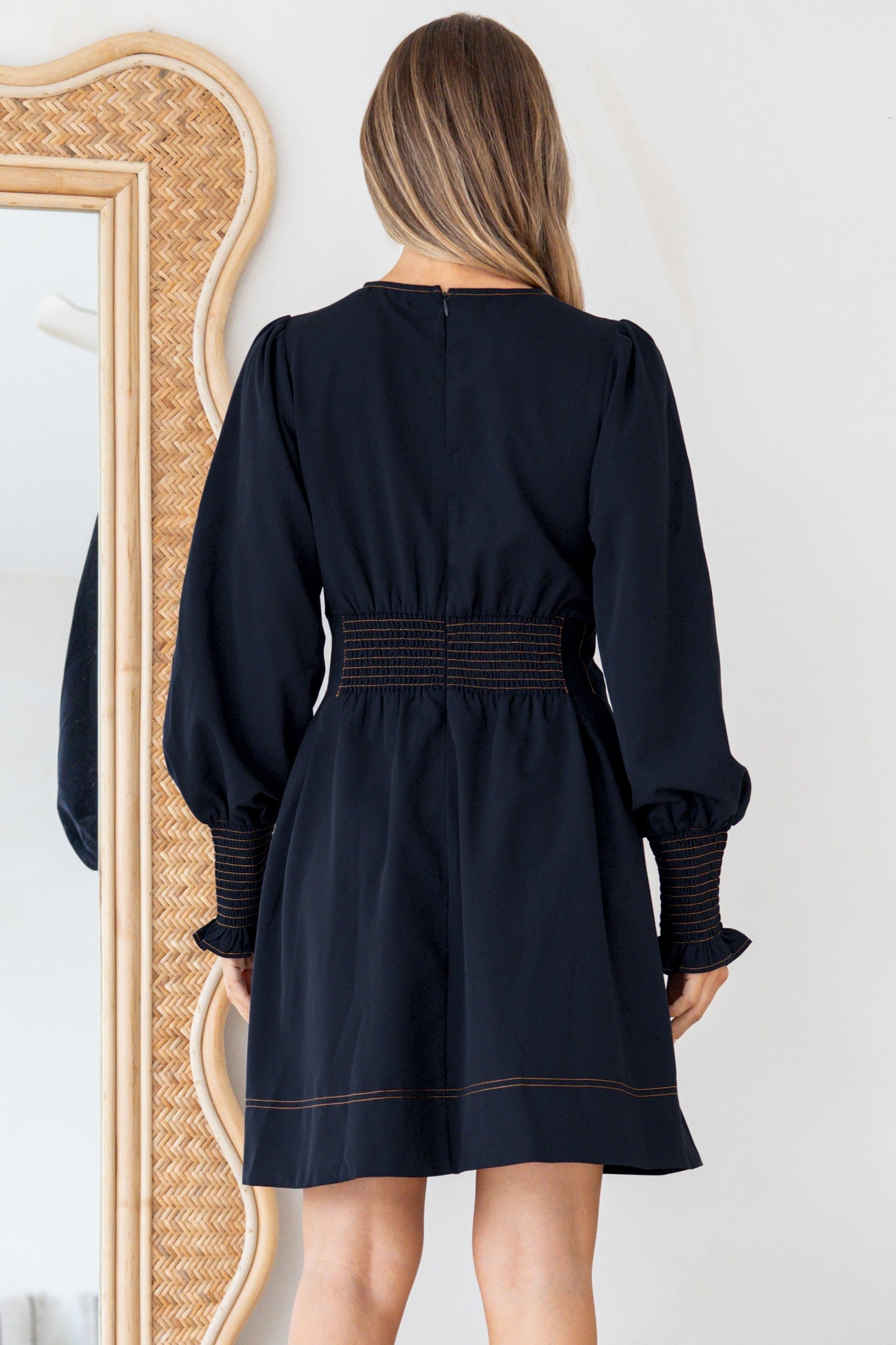 Karey Mini Dress - Fit and Flare Contrasr Stitching Dress in Dark Denim
