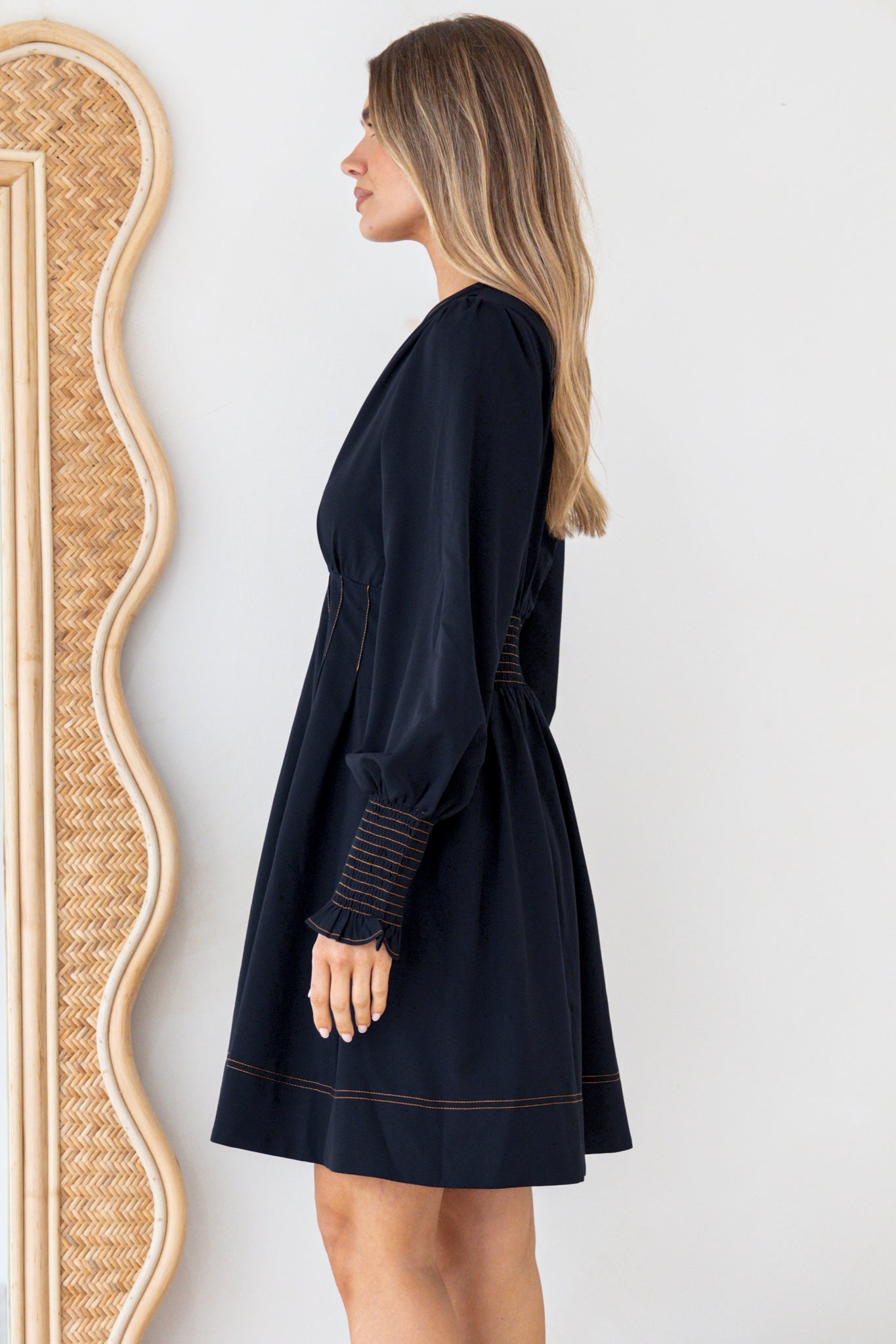 Karey Mini Dress - Fit and Flare Contrasr Stitching Dress in Dark Denim