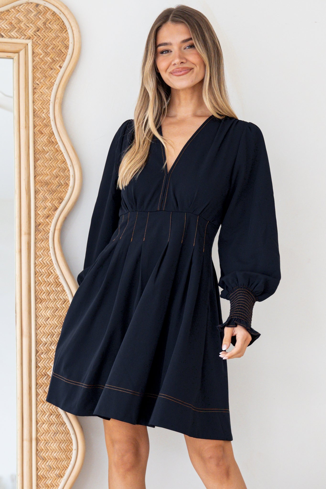 Karey Mini Dress - Fit and Flare Contrasr Stitching Dress in Dark Denim