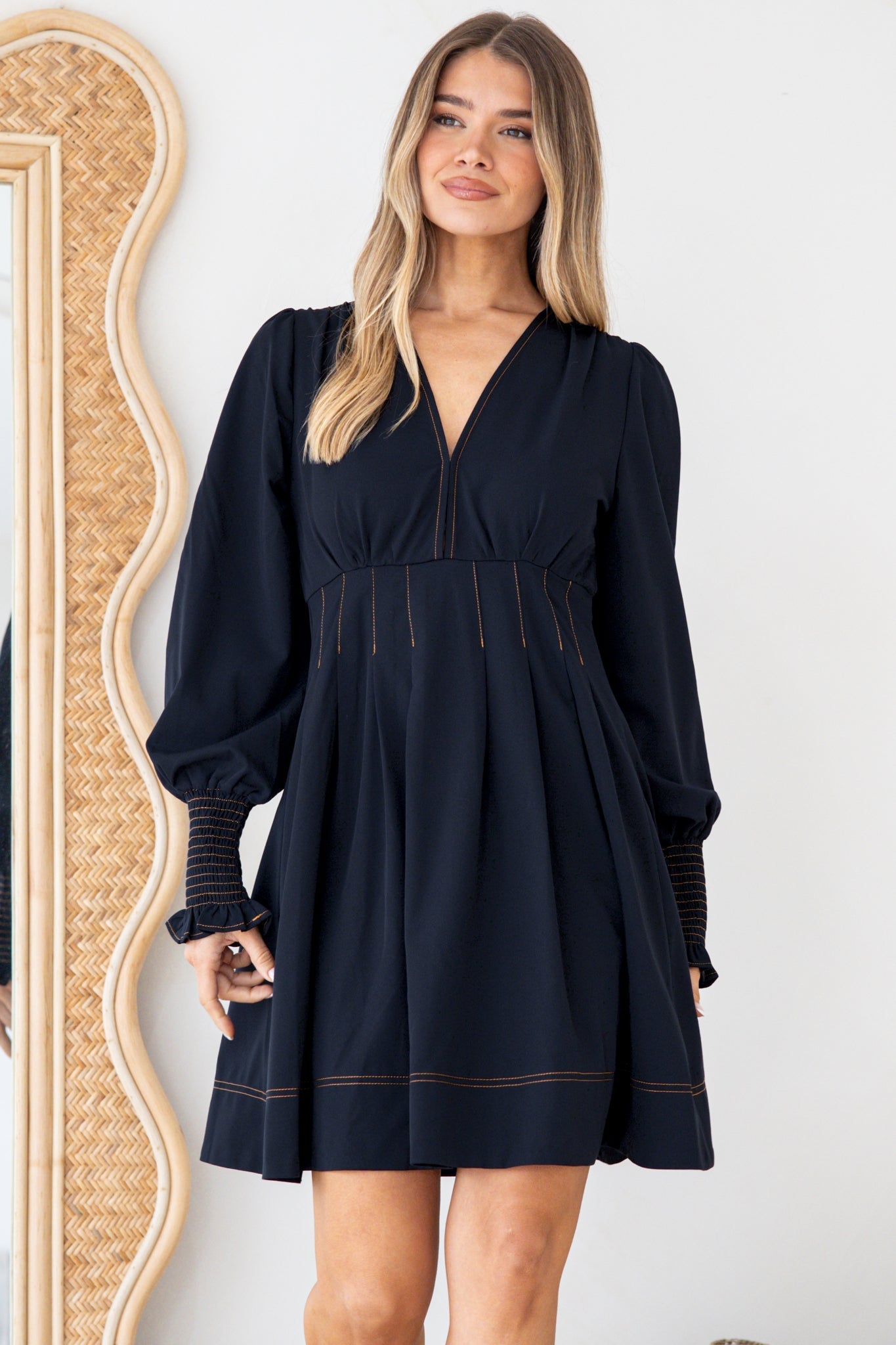 Karey Mini Dress - Fit and Flare Contrasr Stitching Dress in Dark Denim