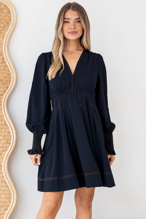 Karey Mini Dress - Fit and Flare Contrasr Stitching Dress in Dark Denim