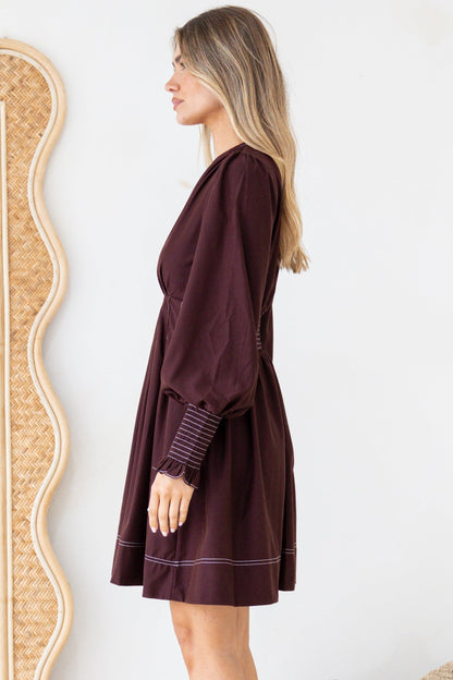 Karey Mini Dress - Fit and Flare Contrasr Stitching Dress in Wine