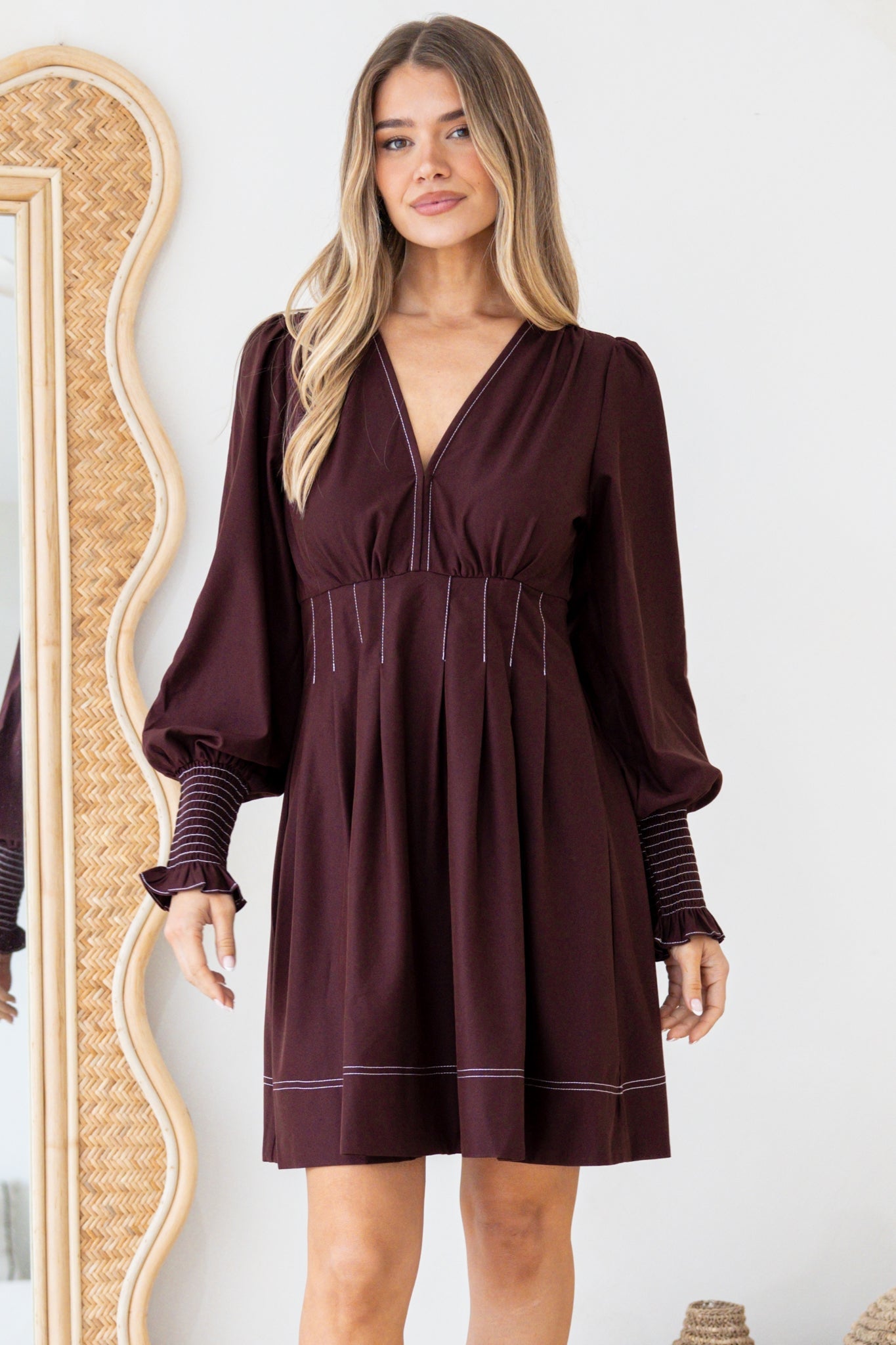 Karey Mini Dress - Fit and Flare Contrasr Stitching Dress in Wine