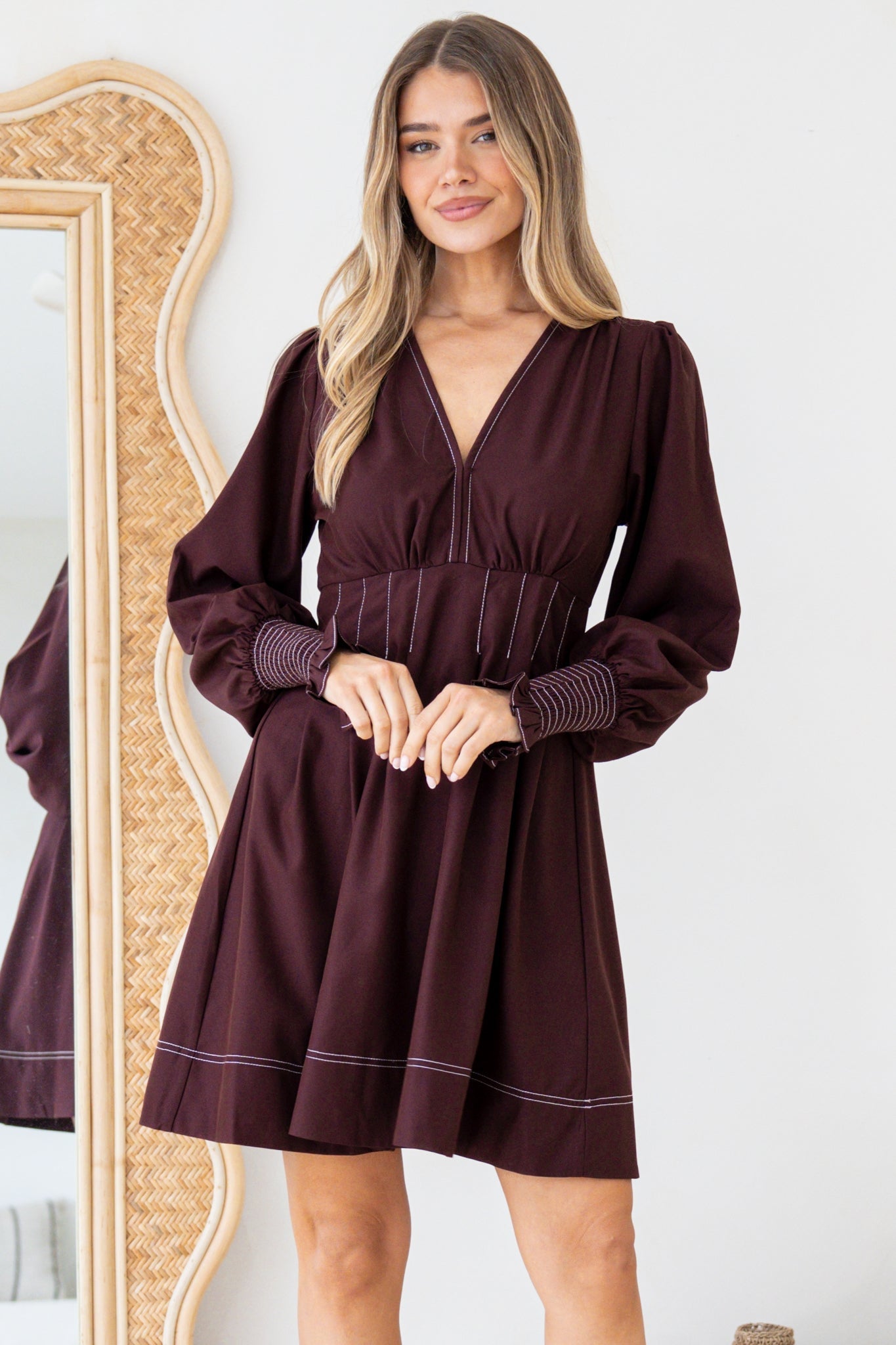 Karey Mini Dress - Fit and Flare Contrasr Stitching Dress in Wine