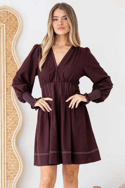 Karey Mini Dress - Fit and Flare Contrasr Stitching Dress in Wine