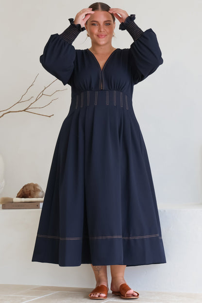 Karey Midi Dress - Fit and Flare Contrast Stitching Dress in Dark Denim