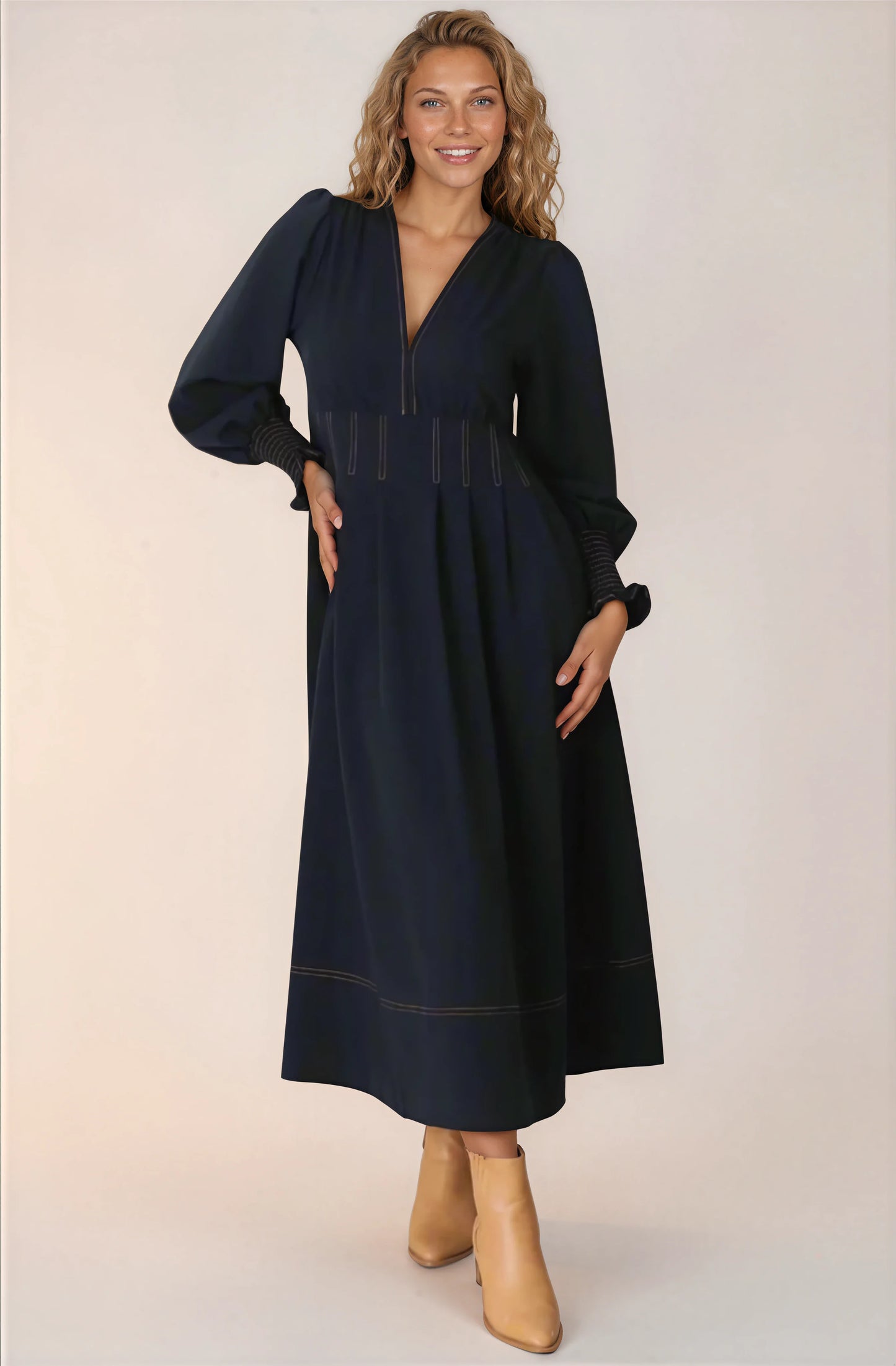 Karey Midi Dress - Fit and Flare Contrast Stitching Dress in Dark Denim