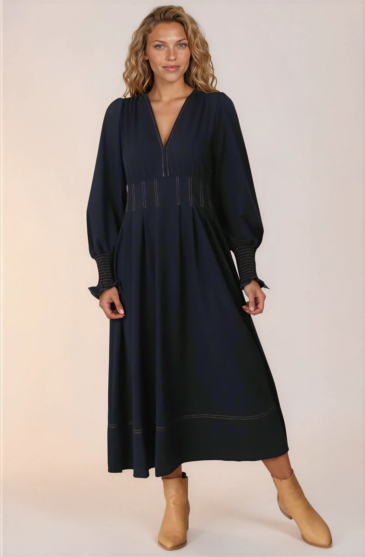 Karey Midi Dress - Fit and Flare Contrast Stitching Dress in Dark Denim