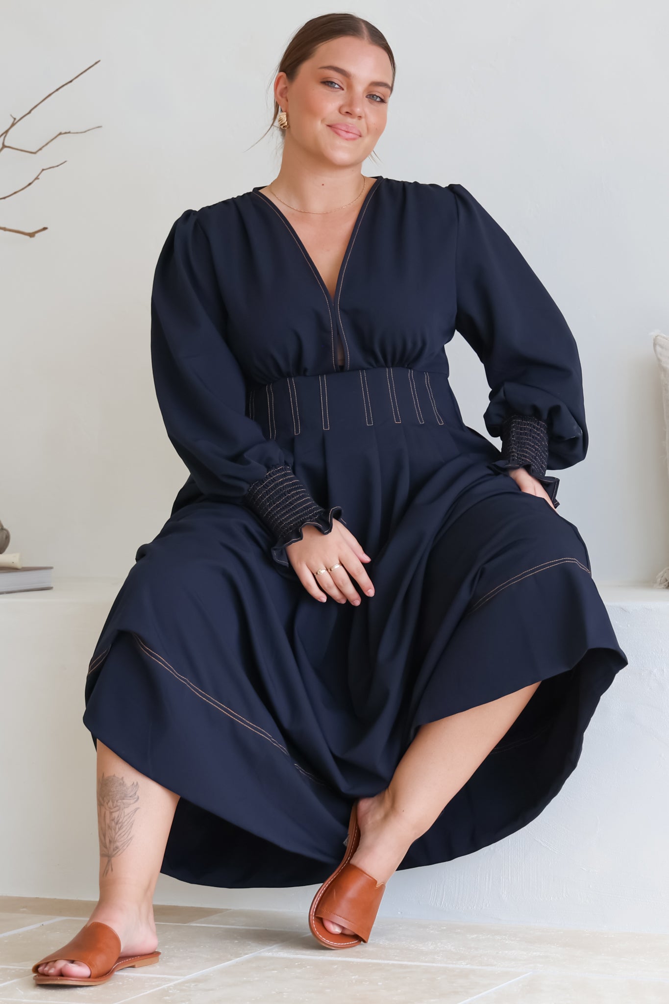 Karey Midi Dress - Fit and Flare Contrast Stitching Dress in Dark Denim