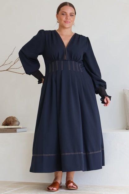 Karey Midi Dress - Fit and Flare Contrast Stitching Dress in Dark Denim