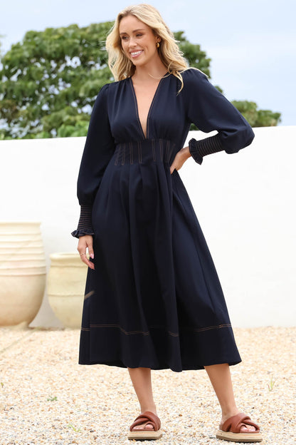 Karey Midi Dress - Fit and Flare Contrast Stitching Dress in Dark Denim