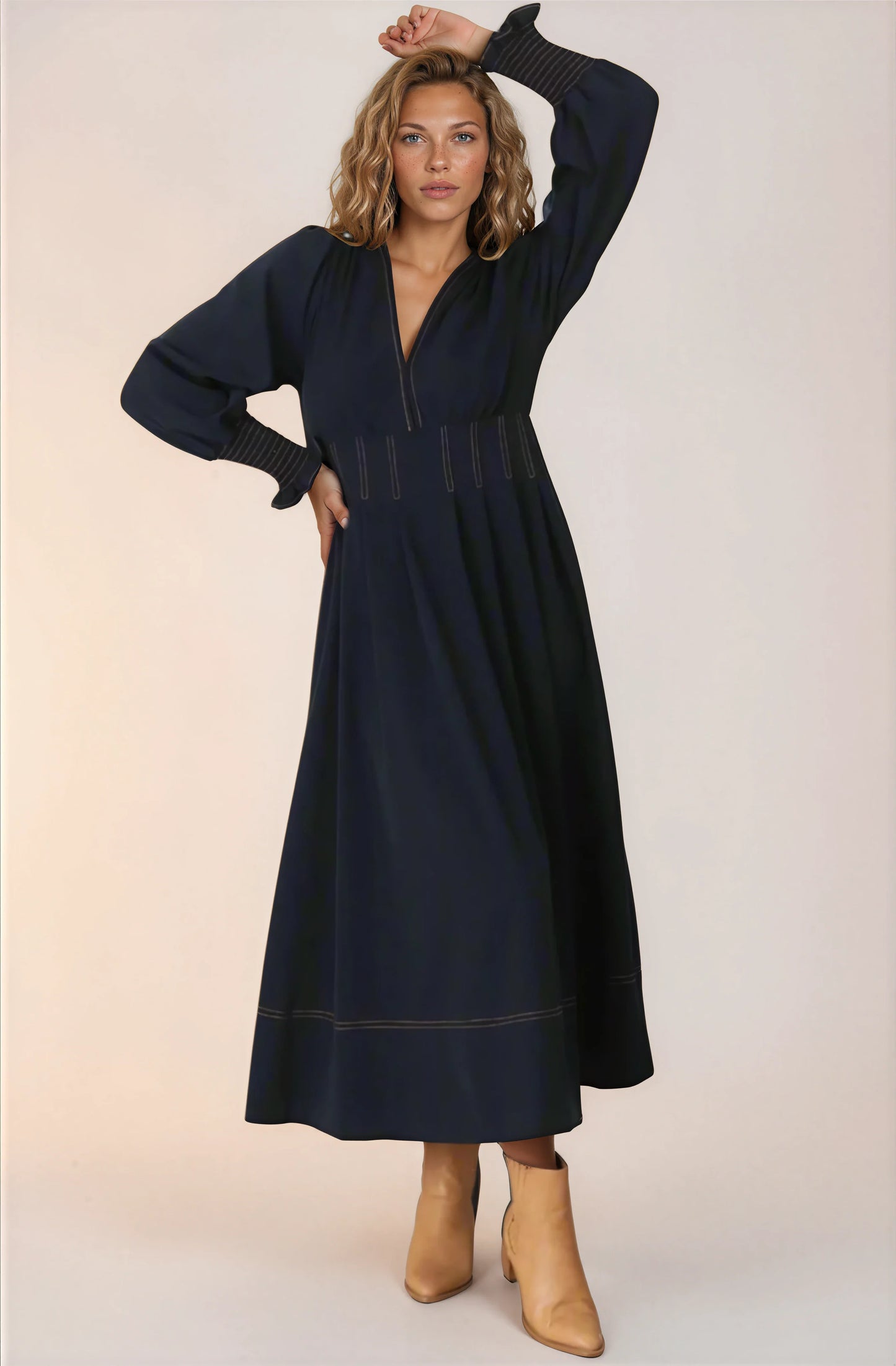 Karey Midi Dress - Fit and Flare Contrast Stitching Dress in Dark Denim