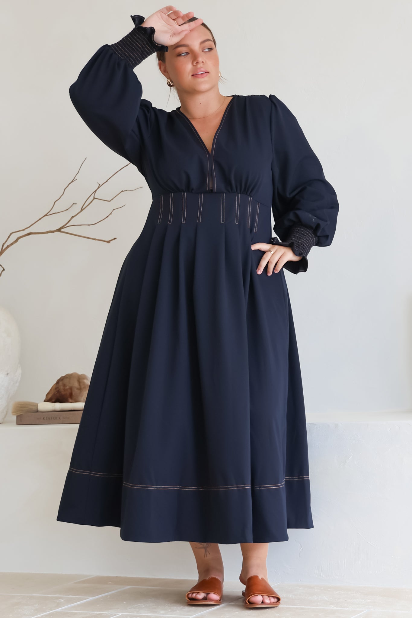 Karey Midi Dress - Fit and Flare Contrast Stitching Dress in Dark Denim