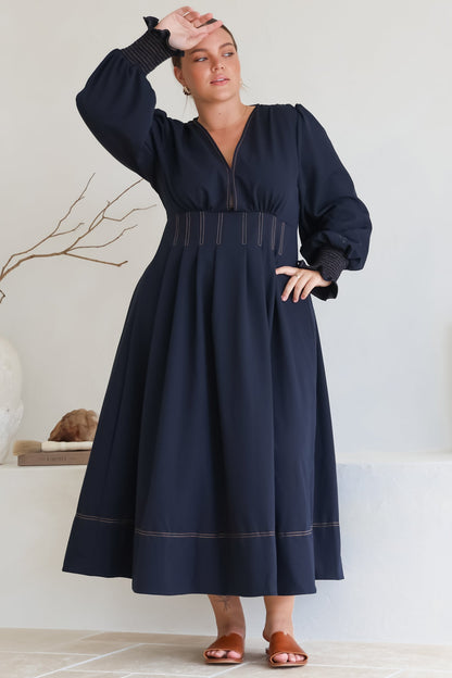 Karey Midi Dress - Fit and Flare Contrast Stitching Dress in Dark Denim