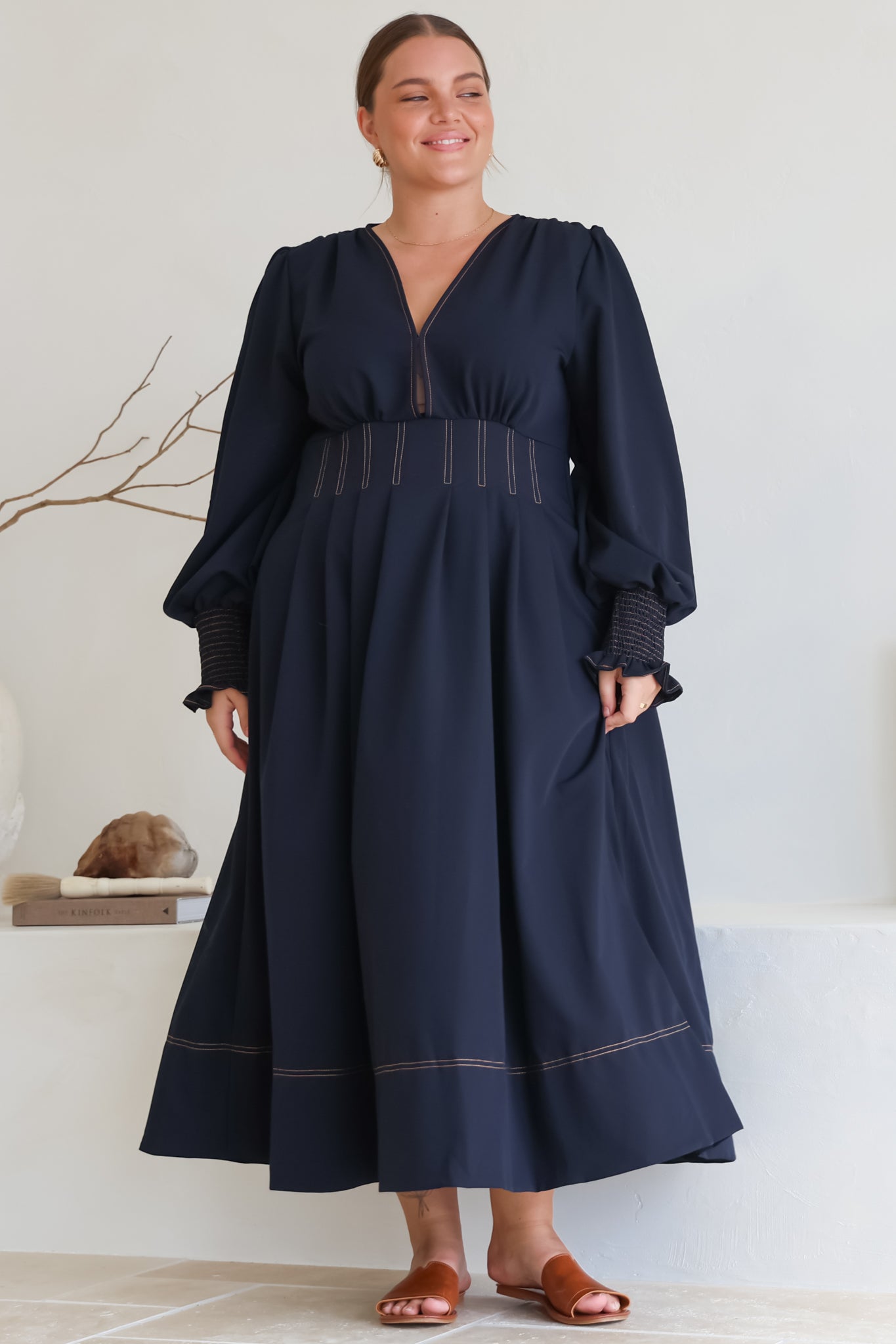 Karey Midi Dress - Fit and Flare Contrast Stitching Dress in Dark Denim