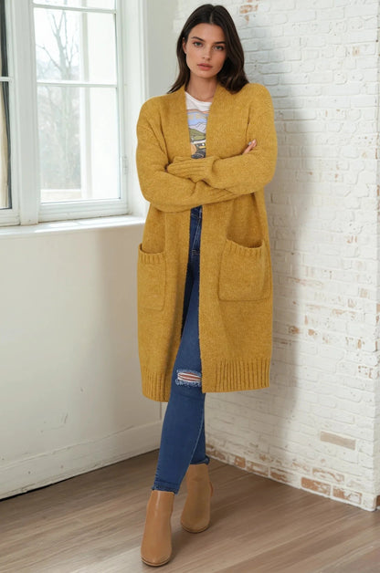 Kartika Cardigan - Long Ribbed Cuff and Hem Cardigan with Pockets in Mustard
