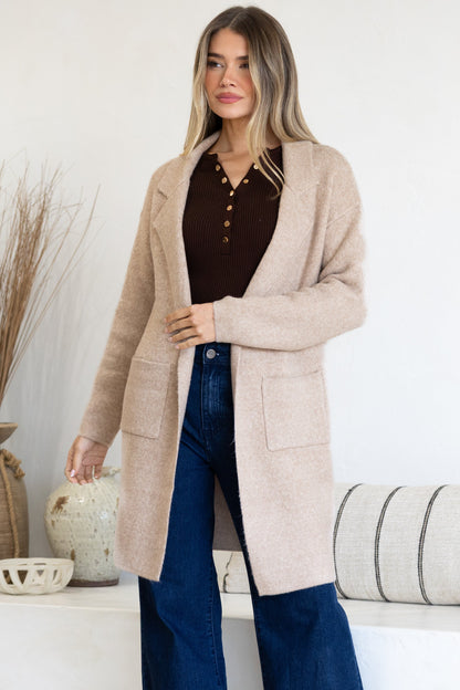 Keagan Cardigan - Folded Lapel Collar Coatigan with Pockets in Camel