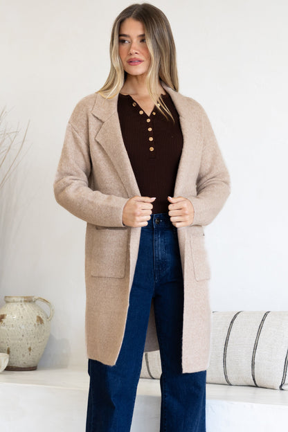 Keagan Cardigan - Folded Lapel Collar Coatigan with Pockets in Camel