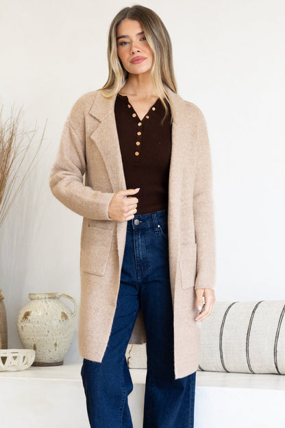 Keagan Cardigan - Folded Lapel Collar Coatigan with Pockets in Camel