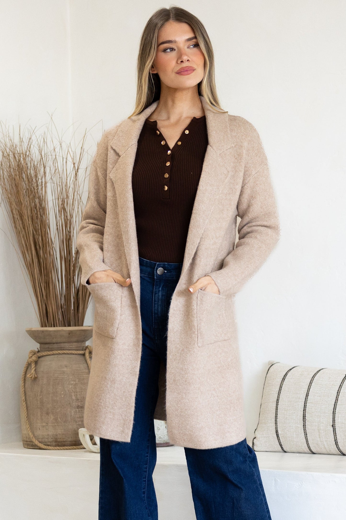 Keagan Cardigan - Folded Lapel Collar Coatigan with Pockets in Camel