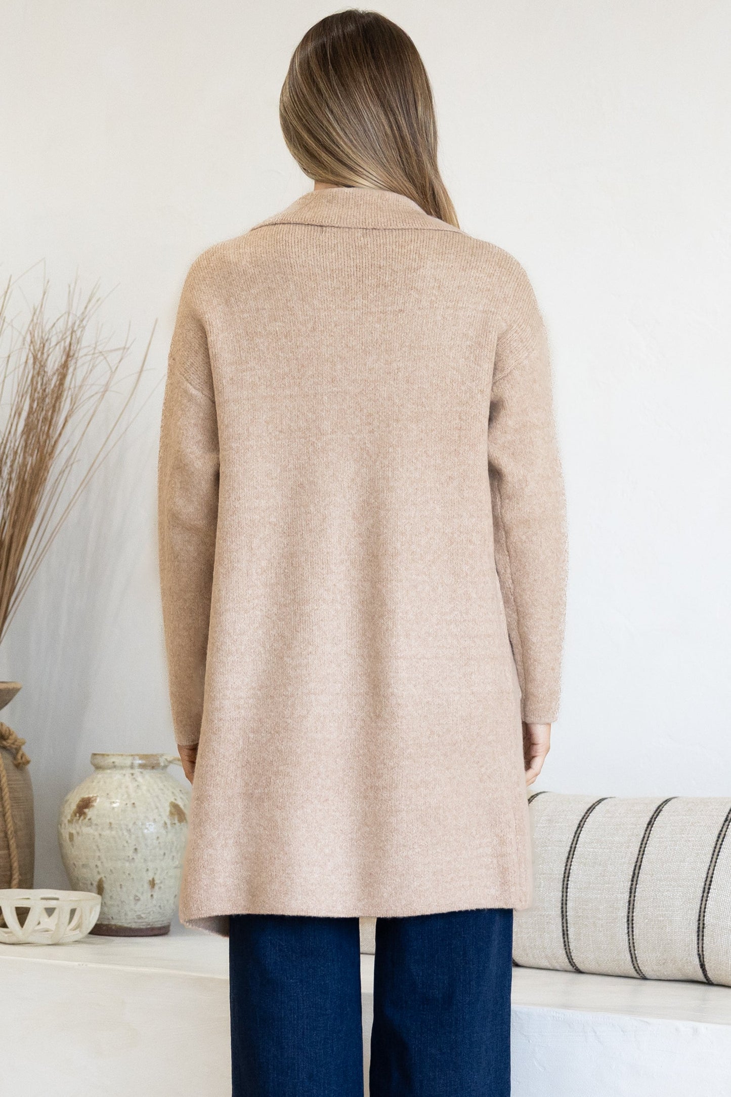 Keagan Cardigan - Folded Lapel Collar Coatigan with Pockets in Camel