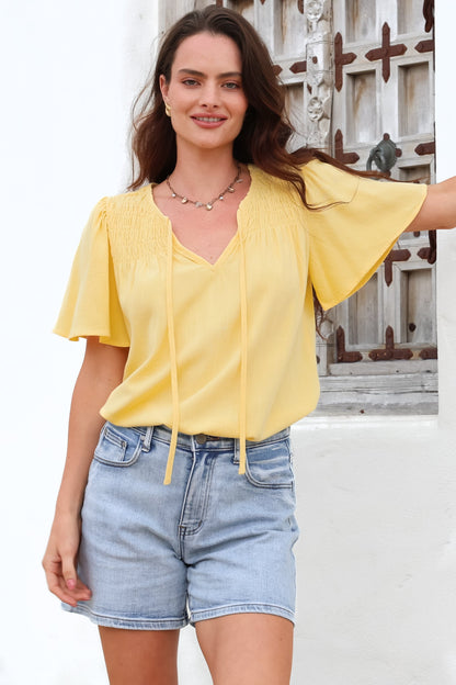 Kendra Top - V Neck Short Sleeve Top with Necktie in Lemon