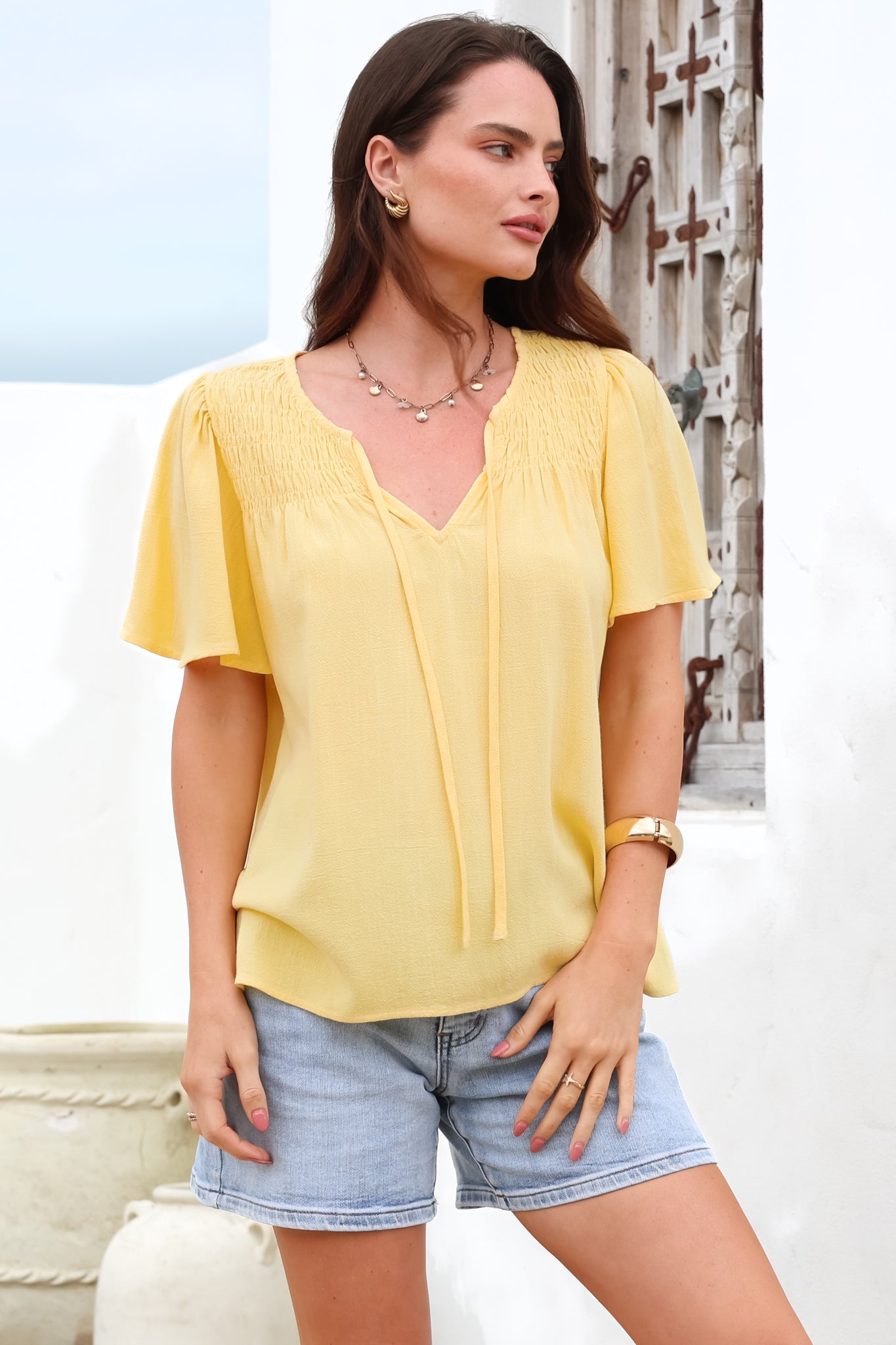 Kendra Top - V Neck Short Sleeve Top with Necktie in Lemon